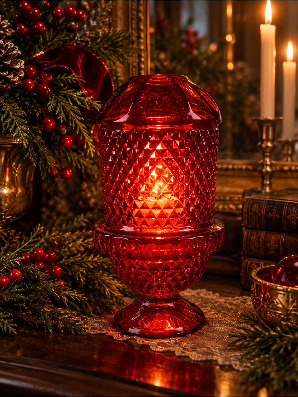 Viking Glass Vintage Ruby Red Diamond Point Fairy Lamp 6.5” Christmas Decor Gift